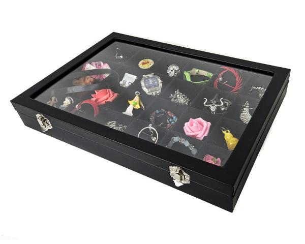 Schmuckkasten Schmucklade Schaukasten Schmuckdisplay mit Glasdeckel mit 24 Fächern schwarz